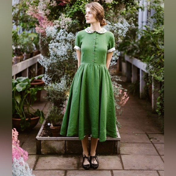 Son de Flor, Classic Dress with Garden Peter Pan Collar, Spring Green, XXL - Picture 3 of 11